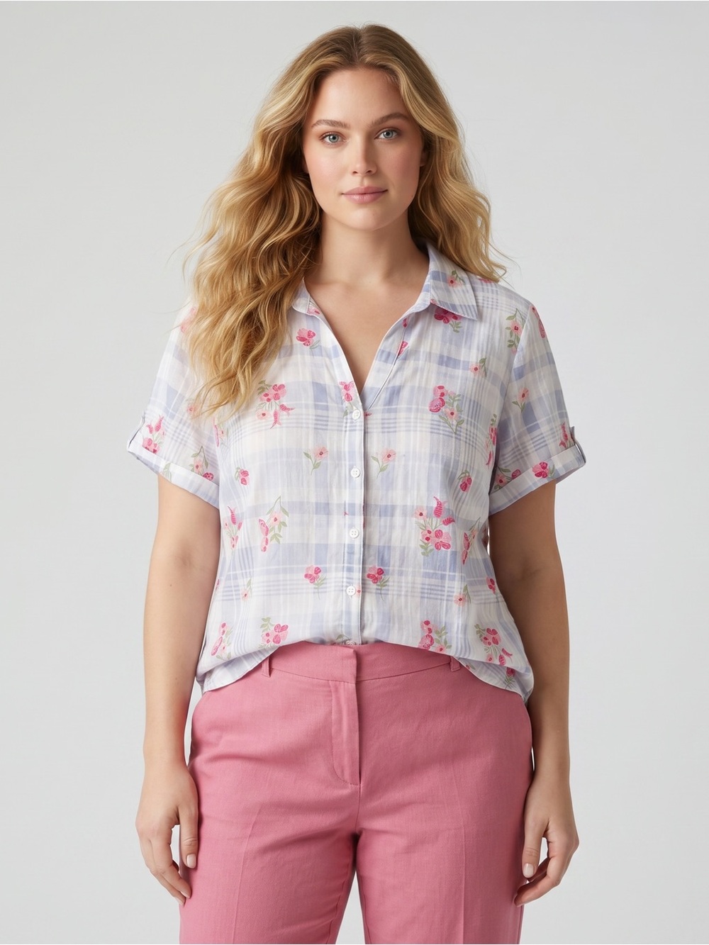 KAREN SCOTT Floral & Plaid Shirt